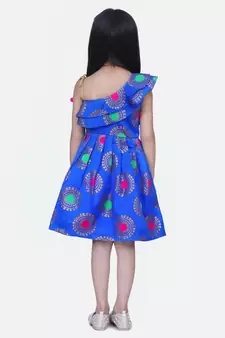 Blue One Shoulder Jacquard Party Frock