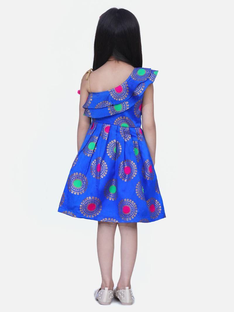 Blue One Shoulder Jacquard Party Frock