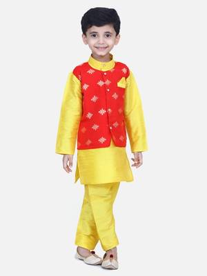 Yellow Attached Chiffon Jacket Full Sleeve Kurta Pajama 1