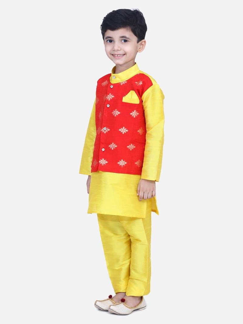 Yellow Attached Chiffon Jacket Full Sleeve Kurta Pajama