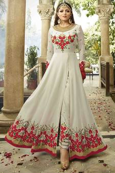 White Embroidered Faux Georgette Semi Stitched Anarkali Salwar With Dupatta