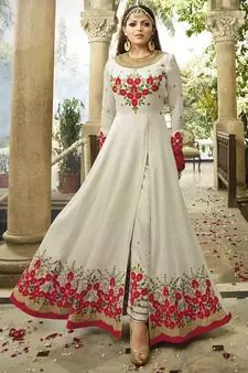 White Embroidered Faux Georgette Semi Stitched Anarkali Salwar With Dupatta