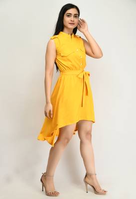 Yellow plain crepe short-dresses 3
