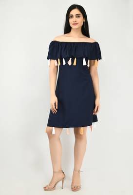 Navy-blue plain crepe short-dresses 1