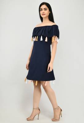 Navy-blue plain crepe short-dresses 3