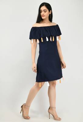Navy-blue plain crepe short-dresses 5