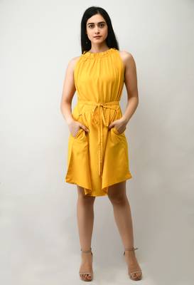 Yellow plain crepe short-dresses 1