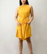 Yellow plain crepe short-dresses