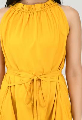 Yellow plain crepe short-dresses 4