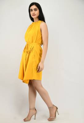 Yellow plain crepe short-dresses 5