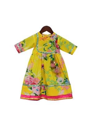 Yellow Floral Printed Cotton Anarkali Dress 1
