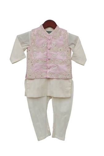 Pink Embroidery Jacket with Offwhite Kurti and Churidar