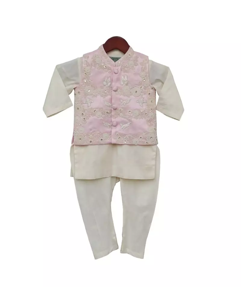 Pink Embroidery Jacket with Offwhite Kurti and Churidar