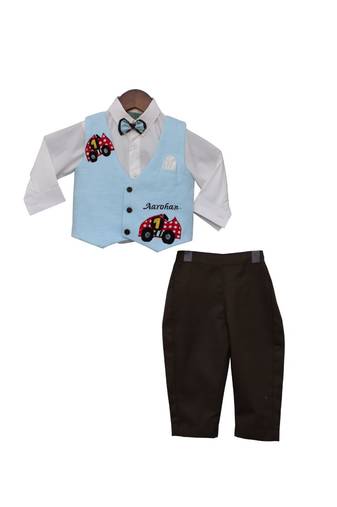 Blue car waist coat with White Shirt and Brown Pants