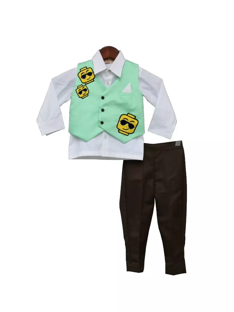 Acqua Green Waist Coat with Brown Pant and White Shirt