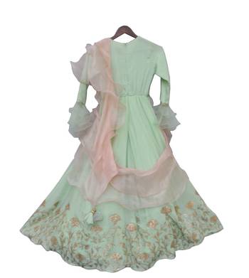 Green Embroidered Cotton Dress With Net Dupatta  2