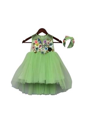 Green Embroidered Dupion Silk Frock 1