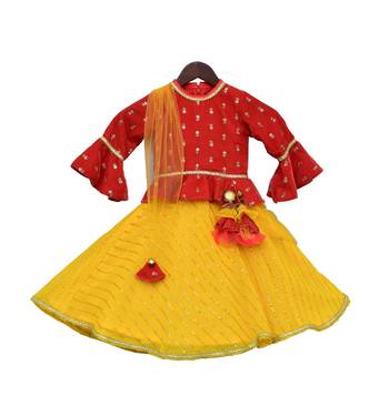 Coral Velvet with Yellow Georgette One Piece 1