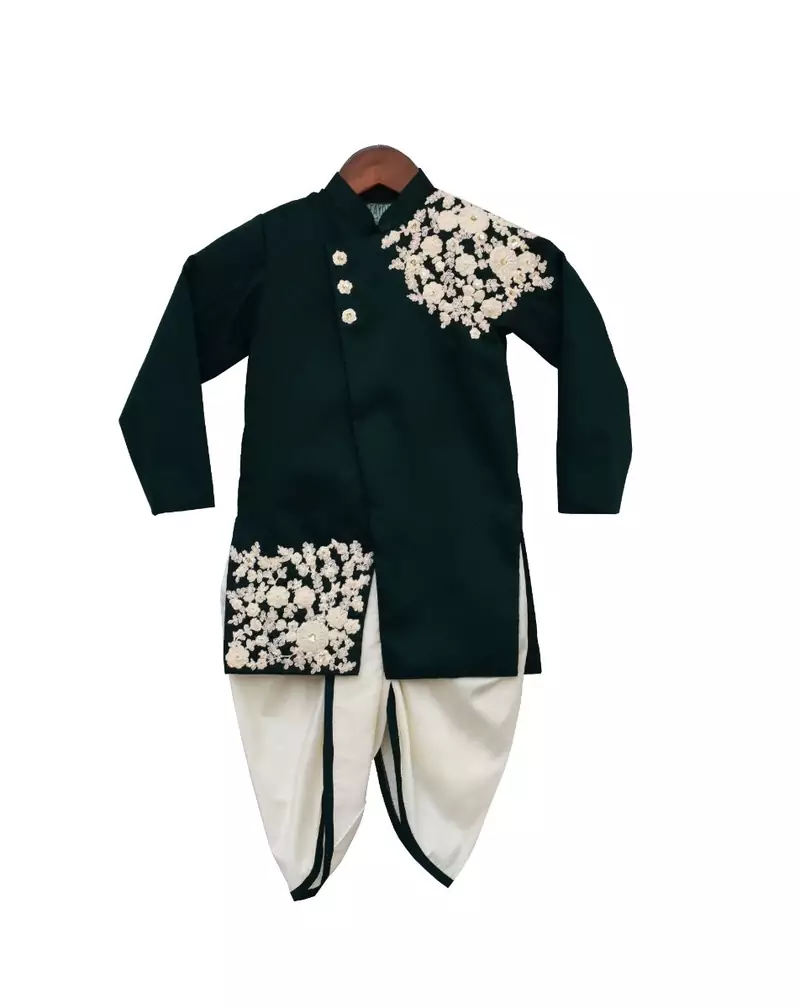 Bottle Green Embroidery Ajkan with Dhoti
