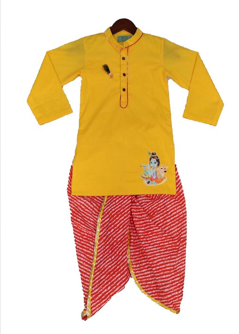 Yellow Kurti with Leheriya Dhoti