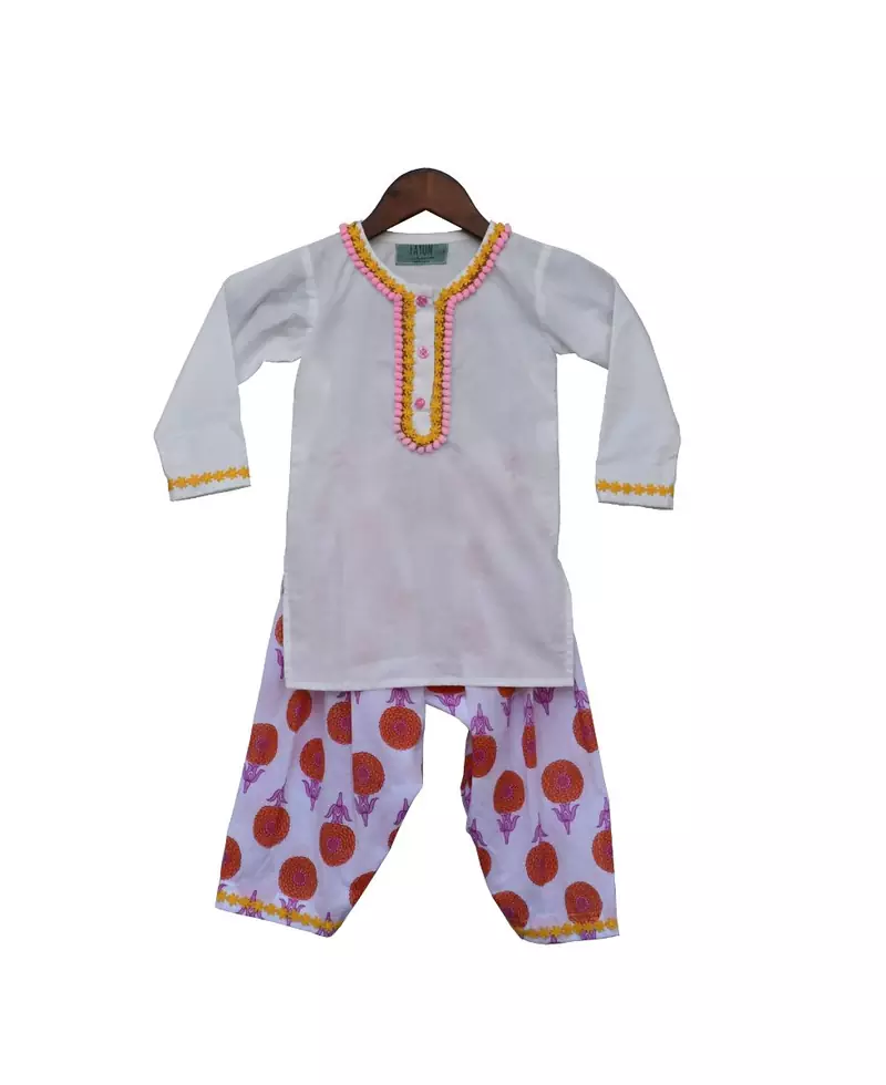 White Kurti with White Printed Dhoti