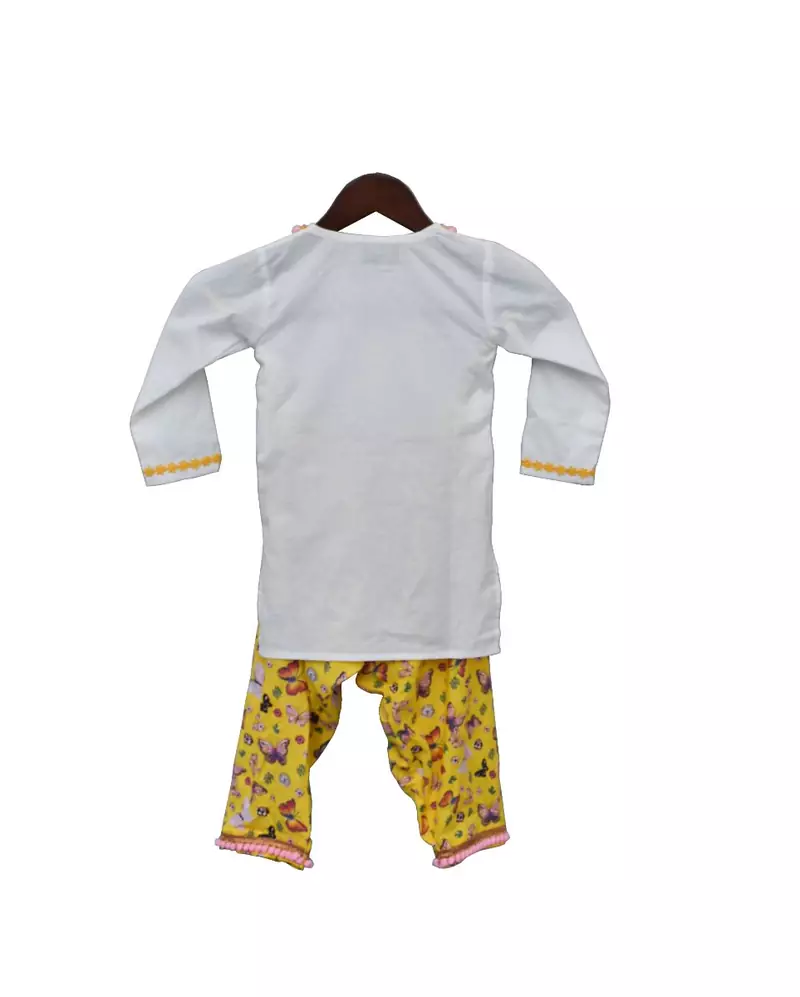 White Kurti with Yellow Printed Dhoti