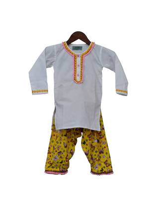 White Plain Cotton Kurta With Printed Pants 1
