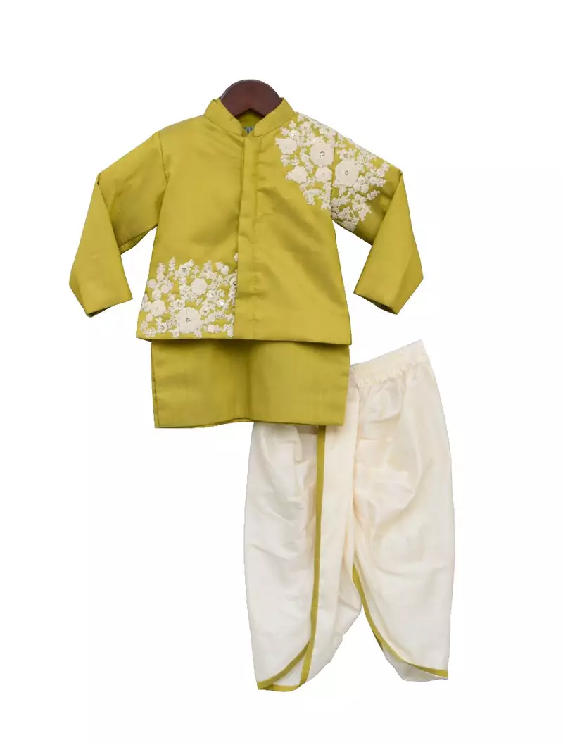 Green Embroidery Jacket with Kurta & Dhoti