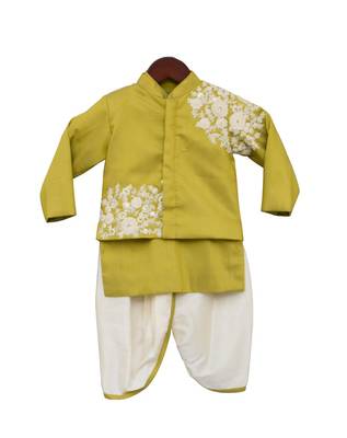 Yellow Embroidered Cotton Nehru Jacket Set 2