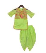Green Embroidered Cotton Kurta Jacket Set
