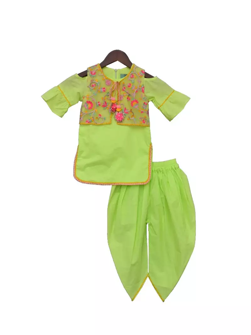 Neon Green Kurti and Dhoti with Embroidery Jacket