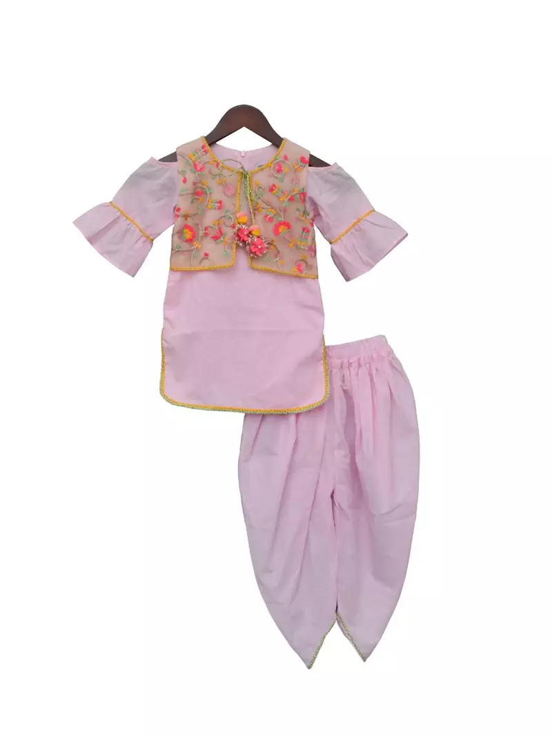 Pink Kurti and Dhoti with Embroidery Jacket