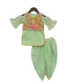 Green embroidered cotton kurta jacket set