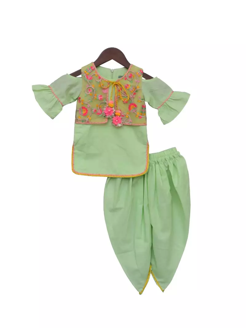 Pista Green Kurti and Dhoti with Embroidery Jacket