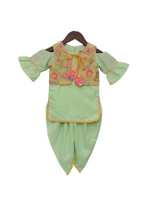 Green embroidered cotton kurta jacket set 2