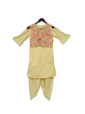 Yellow embroidered cotton kurta jacket set 1