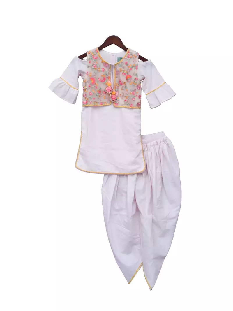 Peach Kurti and Dhoti with Embroidery Jacket