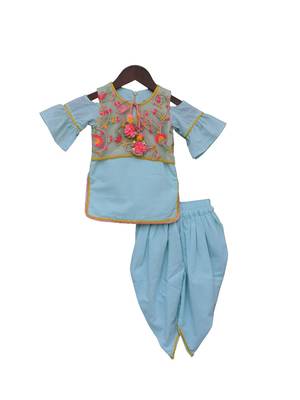 Blue embroidered cotton kurta jacket set 1