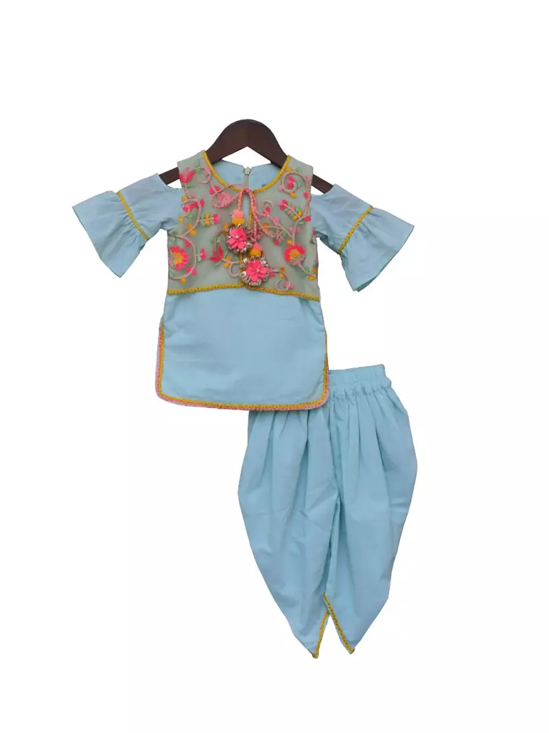 Sky Blue Kurti and Dhoti with Embroidery Jacket