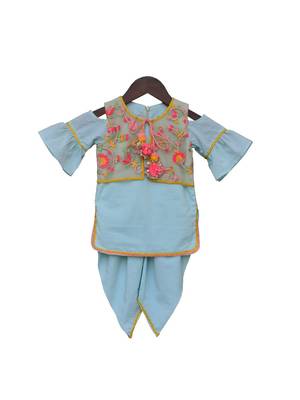 Blue embroidered cotton kurta jacket set 2