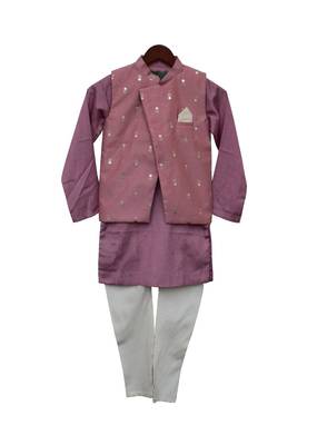 Purple Foil Printed Nehru Jacket with Kurta & Churidar 1