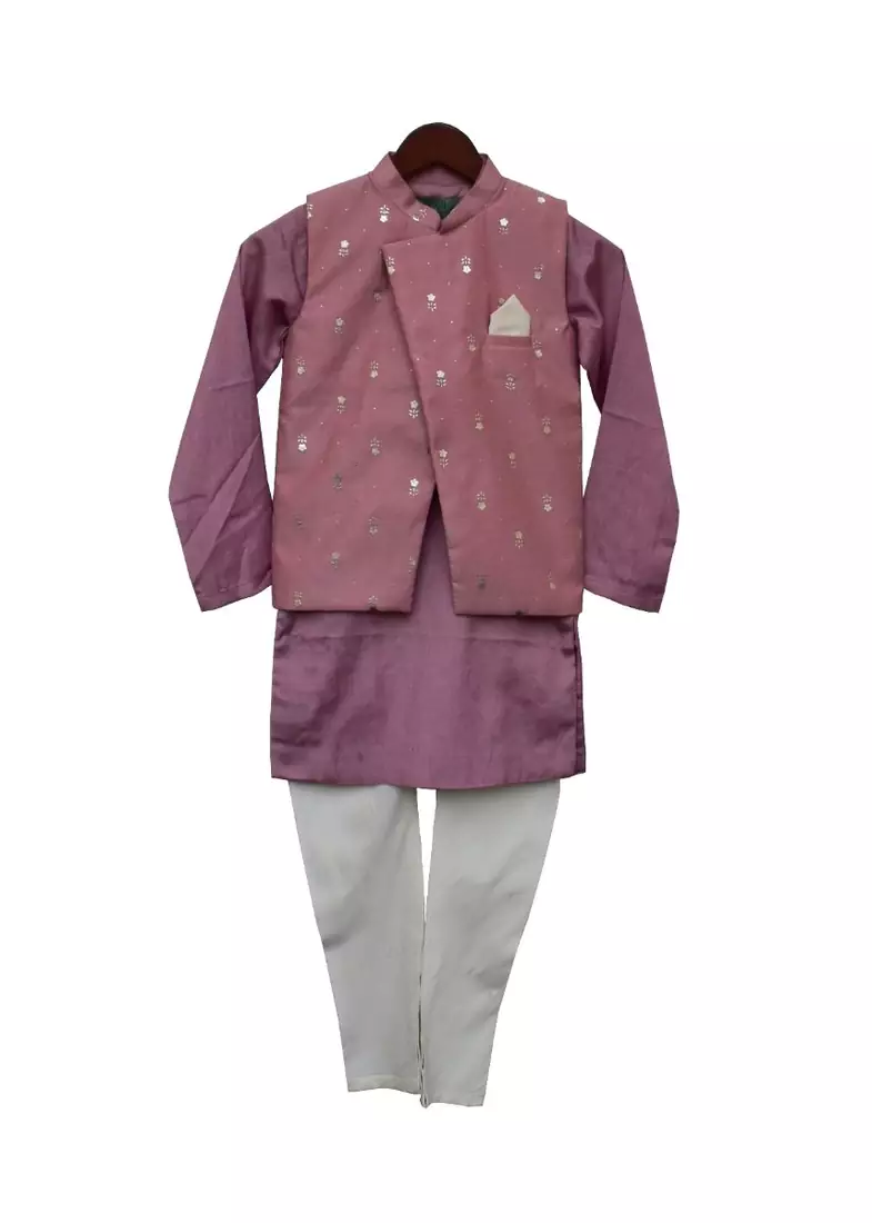 Purple Foil Printed Nehru Jacket with Kurta & Churidar