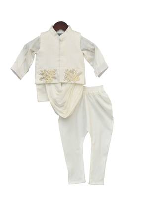 White embroidered cotton Nehru jacket set 1