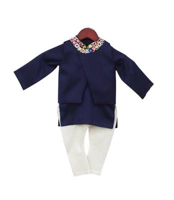 Blue embroidered cotton nehru jacket set 1