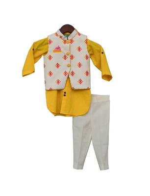 White embroidered cotton nehru jacket With Yellow Kurta and Pant 1