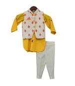 White embroidered cotton nehru jacket With Yellow Kurta and Pant