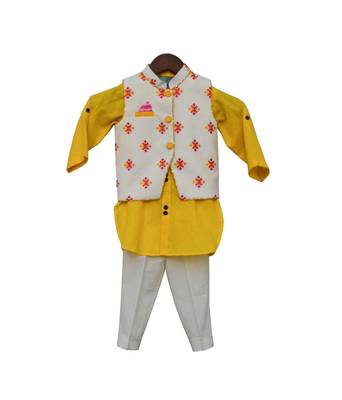 White embroidered cotton nehru jacket With Yellow Kurta and Pant 2