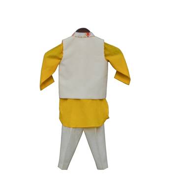 White embroidered cotton nehru jacket With Yellow Kurta and Pant 3