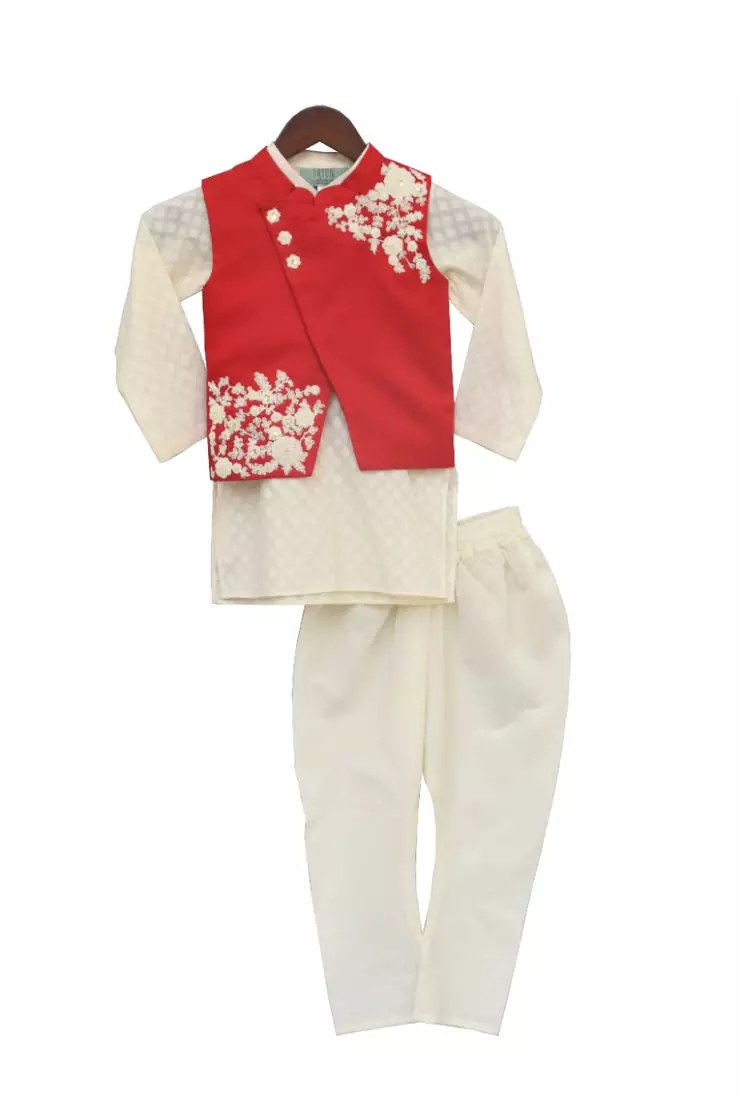 Red Embroidery Nehru Jacket with Kurta & Churidar
