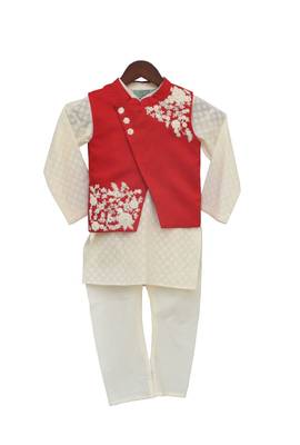red embroidered cotton nehru jacket with White kurta Set 2